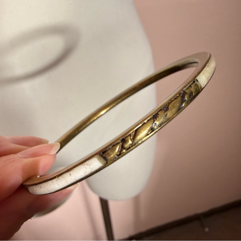 Antique vintage cream inlay etched boho Brass bangle bracelet